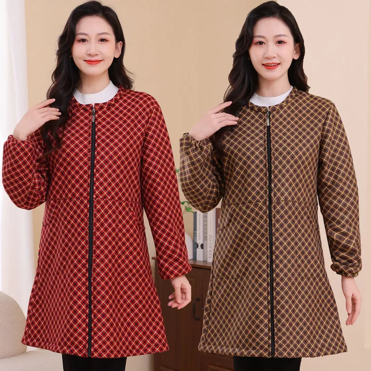 罩衣女加绒加厚新款时尚工作服妈妈厨房围裙羽绒服罩衫干活罩衣