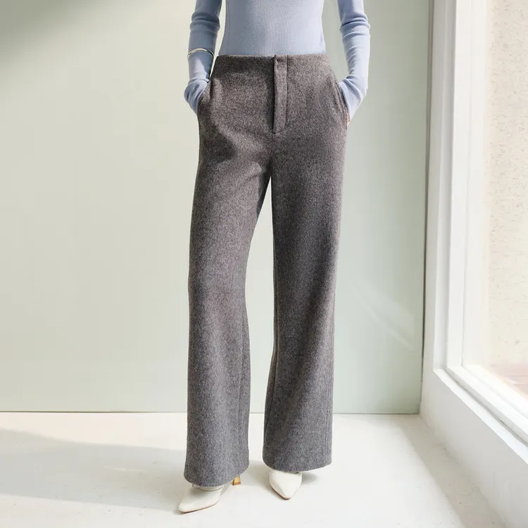 EP雅莹2025新款女装 羊毛混纺双面顺毛呢高腰微喇裤休闲裤6498A