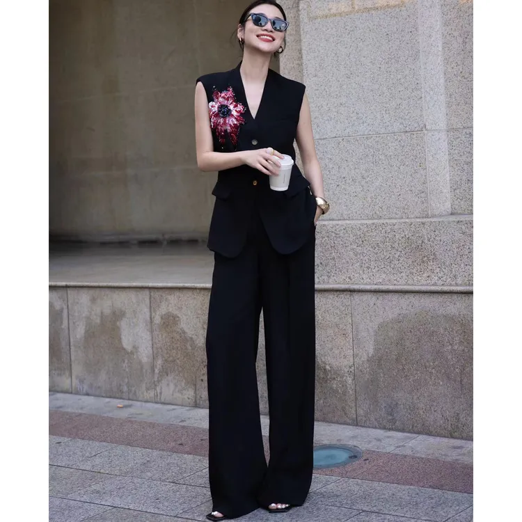 ZEROYK时尚套装女2025夏季高级老钱绣花无袖上衣阔腿裤气质两件套