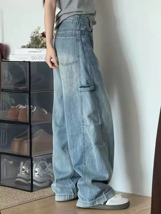 水洗常规美式风高腰无弹力牛仔裤显瘦高街复古工装风