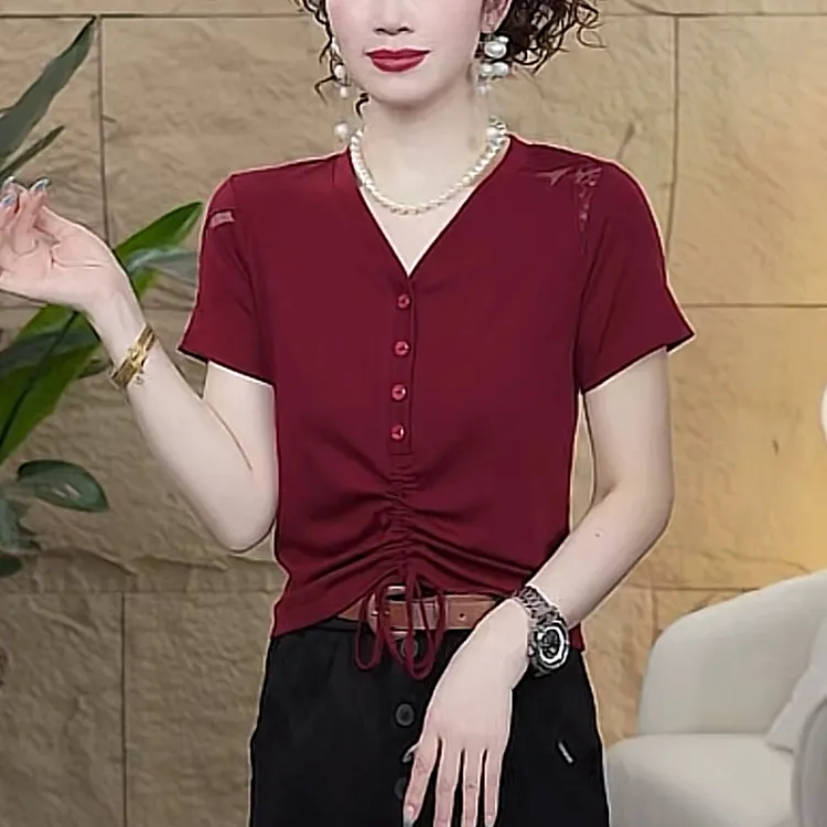 2025夏季新款时尚修身V领短袖T恤上衣立体百搭上衣#8903