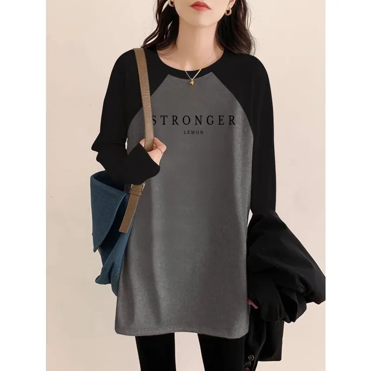 德绒磨毛保暖中长款遮屁股插肩拼接撞色长袖t恤女宽松打底衫秋冬