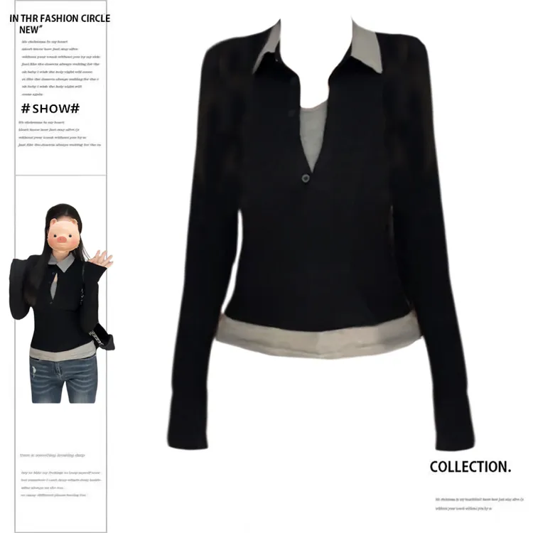 黑色假两件polo衫长袖打底衫女秋冬2024新款内搭可外穿高级感上衣