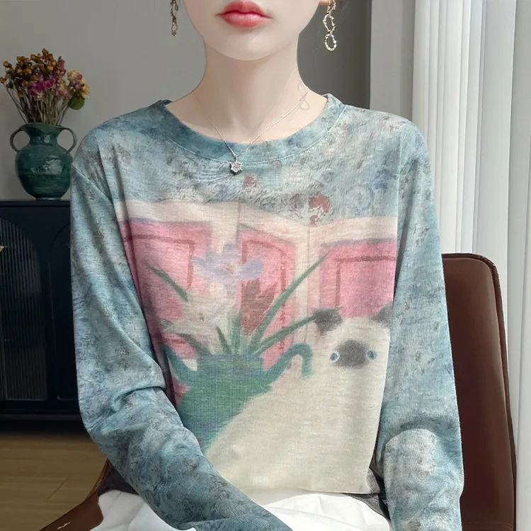 水墨扎染t恤圆领印花长袖打底衫时尚宽松显瘦