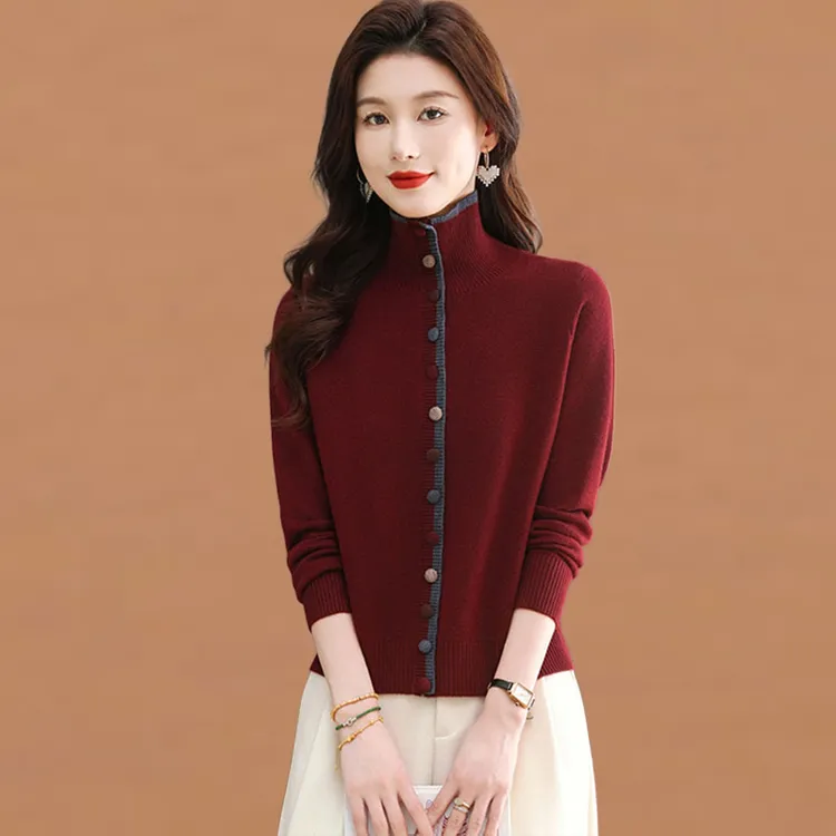 毛衣女秋冬2025新款洋气减龄翻领针织打底衫妈妈拼色外穿内搭上衣