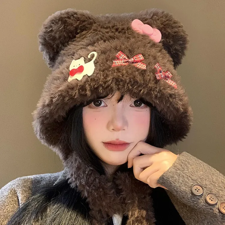 女毛绒帽帽子韩系可爱针织护耳帽韩版秋冬季日系蝴蝶结