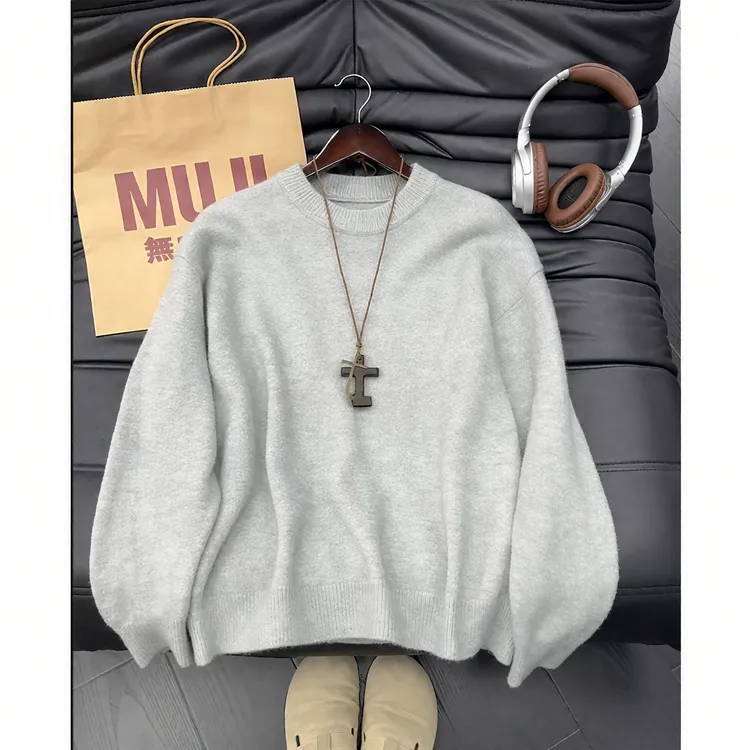 【700G加厚面料】浅灰色毛衣男高级感圆领内搭打底衫宽松百搭针织衫