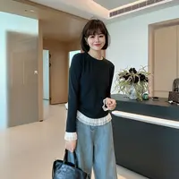 秋冬韩系百搭木耳边拼接圆领弹力磨毛长袖T恤打底衫