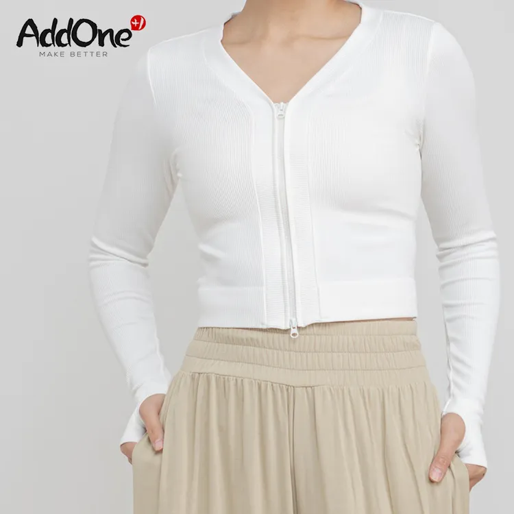 AddOne+1 瑜伽普拉提运动大V领罗纹高弹短款拉链长袖外搭