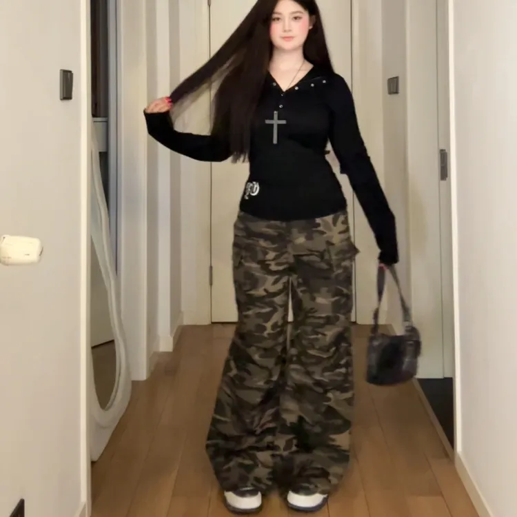 【小肉瑶】微胖辣妹迷彩工装裤显瘦微辣不贴腿裤型