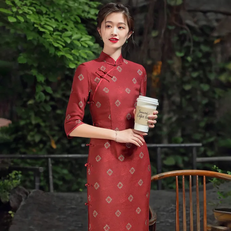 正红色喜妈妈旗袍秋季2025年新款复古中国风提花日常改良268026