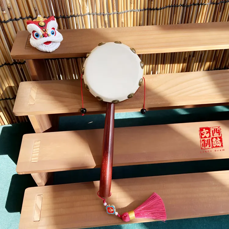 传统实木手工羊皮拨浪鼓儿童益智玩具新生儿婴儿礼物啃咬安抚哄娃
