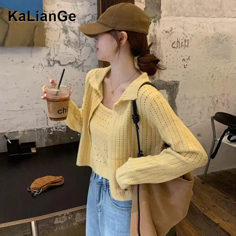 卡莲格/温柔风镂空针织开衫吊带两件套女早秋微胖mm显瘦气质上衣