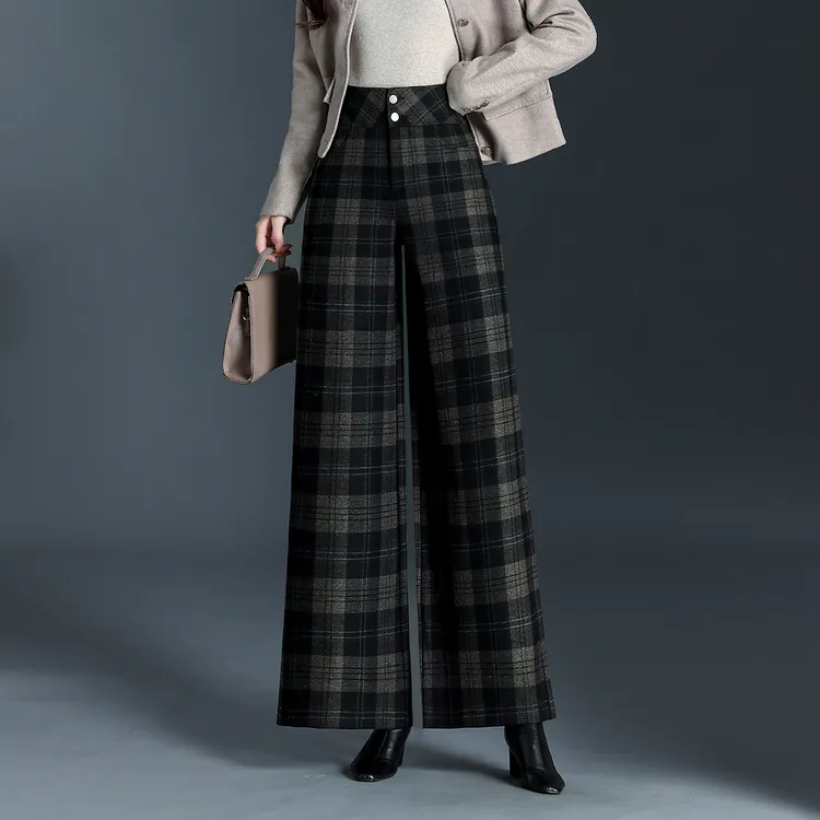 毛呢裤格子裤2025秋冬新款大码气质高级感阔腿裤百搭显瘦直筒长裤