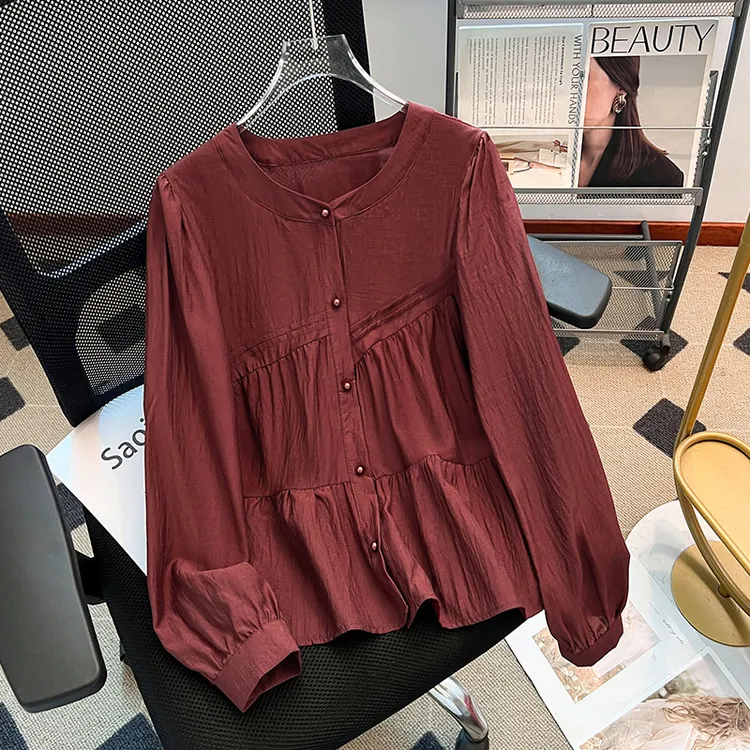 拉夏贝尔安可拉红长袖衬衫女春秋2025新款高级感宽松上衣气质小衫