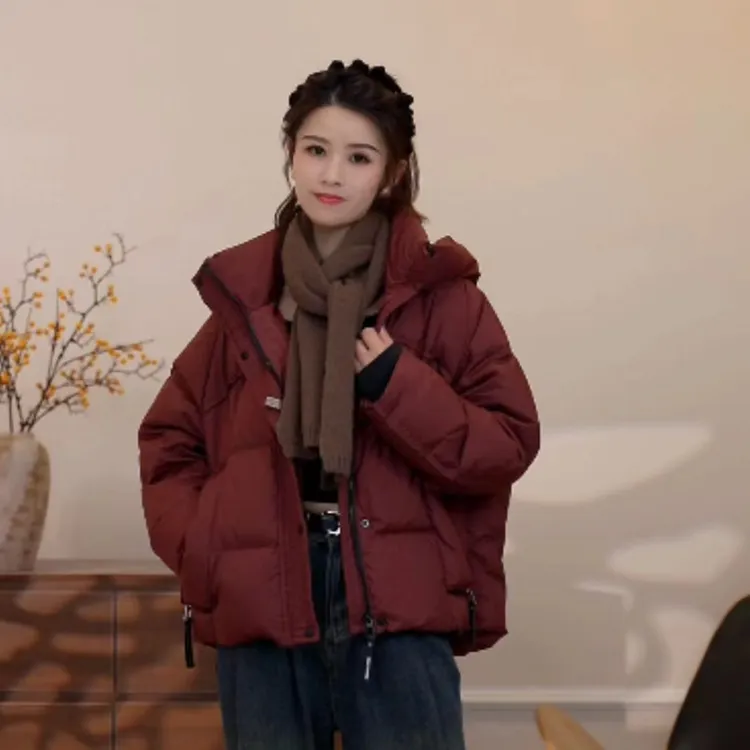 新款韩版连帽羽绒服加厚短款宽松时尚百搭白鸭绒面包服冬装外套