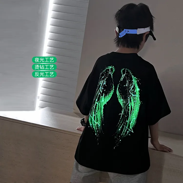 【后背夜光翅膀】男童短袖t恤夏季儿童帅气潮牌中大童休闲上衣T