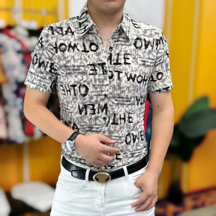 5515夏季新款时尚男士冰丝修身短袖衬衫