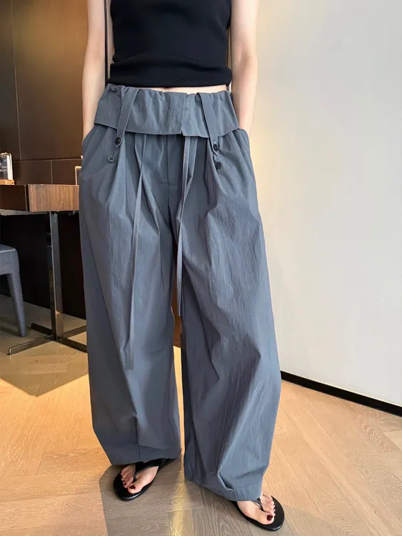 Awencoat翻腰荷叶边两穿阔腿休闲裤女2025新款夏遮胯显瘦宽松长裤