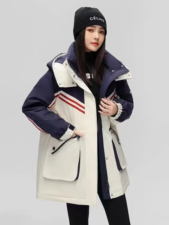 撞色休闲设计感中长款连帽冲锋衣女秋冬季新款加厚宽松保暖厚棉衣