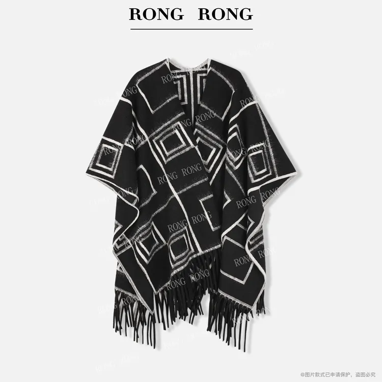 溶溶RONGRONG 法式简约几何方形保暖百搭流苏女士披肩Y1018A