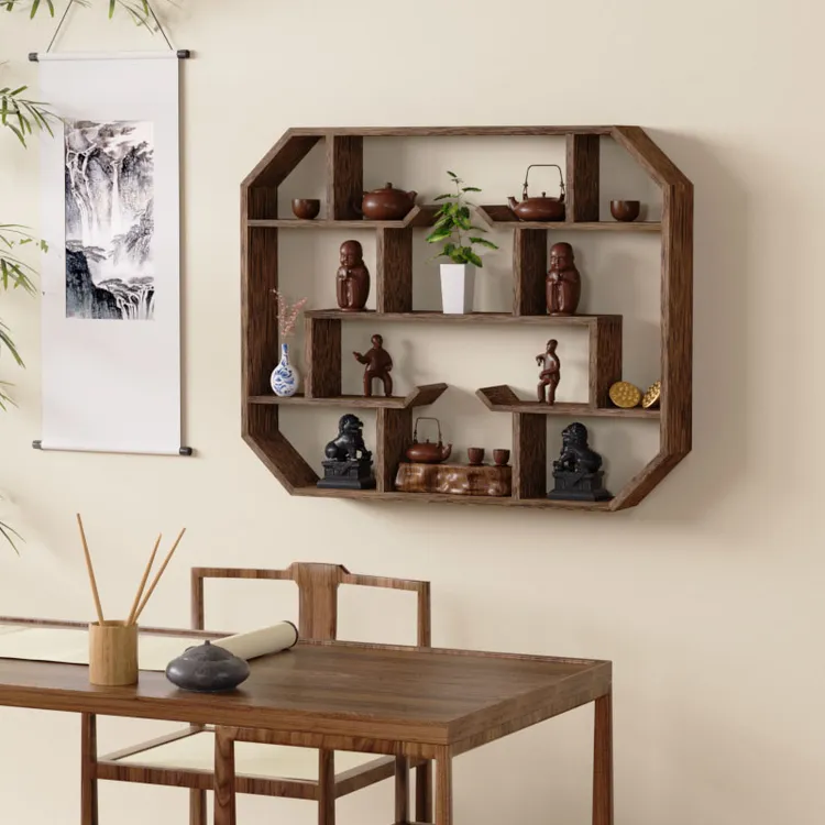 收尚新中式博古架空间多宝阁壁挂式上墙古董架天然隔断简约置物架