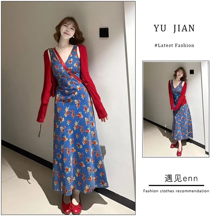 西藏新疆包邮套装女2025春夏新款法式甜美蓝色无袖碎花连衣裙度假