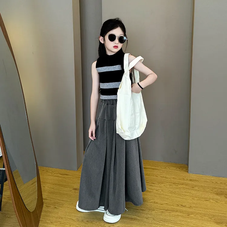 女童2025夏季新款套装法式气质女童针织背心休闲洋气伞裙两件套潮