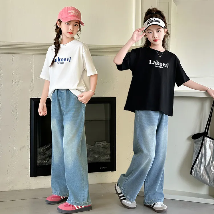 女童短袖套装夏装2025新款中学生牛仔裤儿童洋气夏季薄款裤子两件