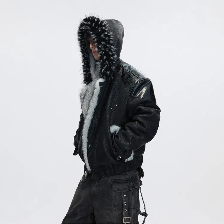 ArguE CulturE窥探雪狼*拼皮撞色仿貂毛座山雕棉服加厚连帽外套