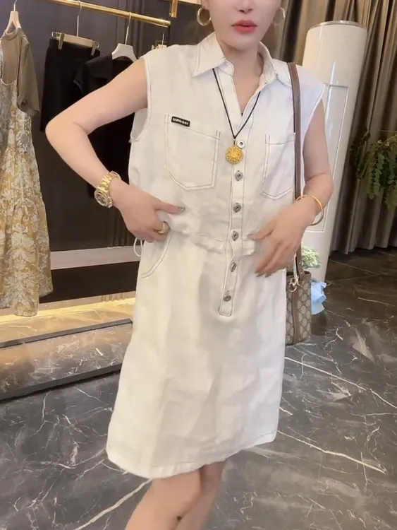 夏季新款时尚洋气减龄假两件棉麻透气连衣裙弯刀袖抽绳收腰连体裙