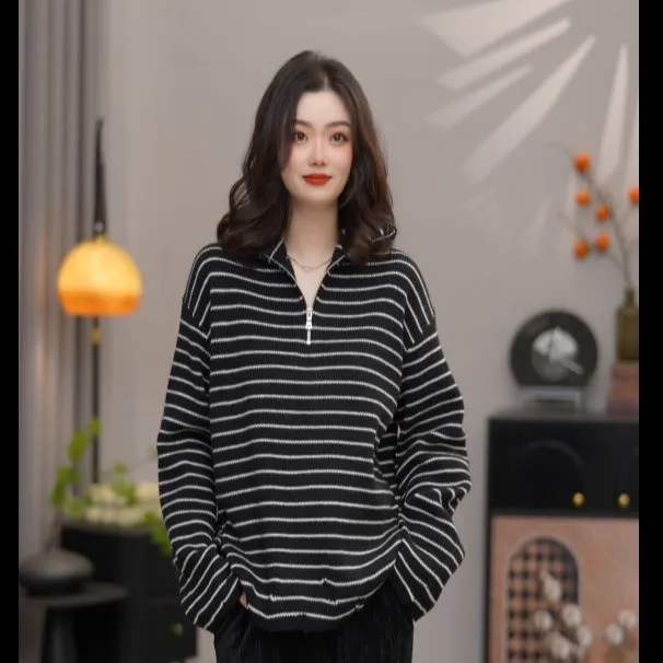 AMASS阿玛施秋季新款品质时尚条纹落肩袖半拉链毛针织衫女538088