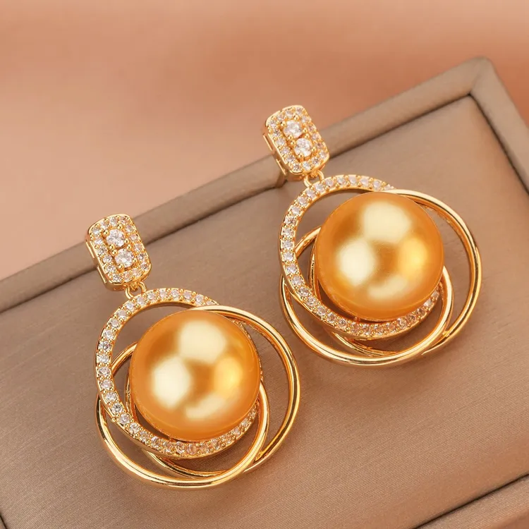 铜合金合成锆石耳饰 法式金色耳环女轻奢大气气质镀简约优雅耳钉