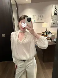 木耳边v领飘带衬衫宽松长袖内搭上衣衬衣女秋