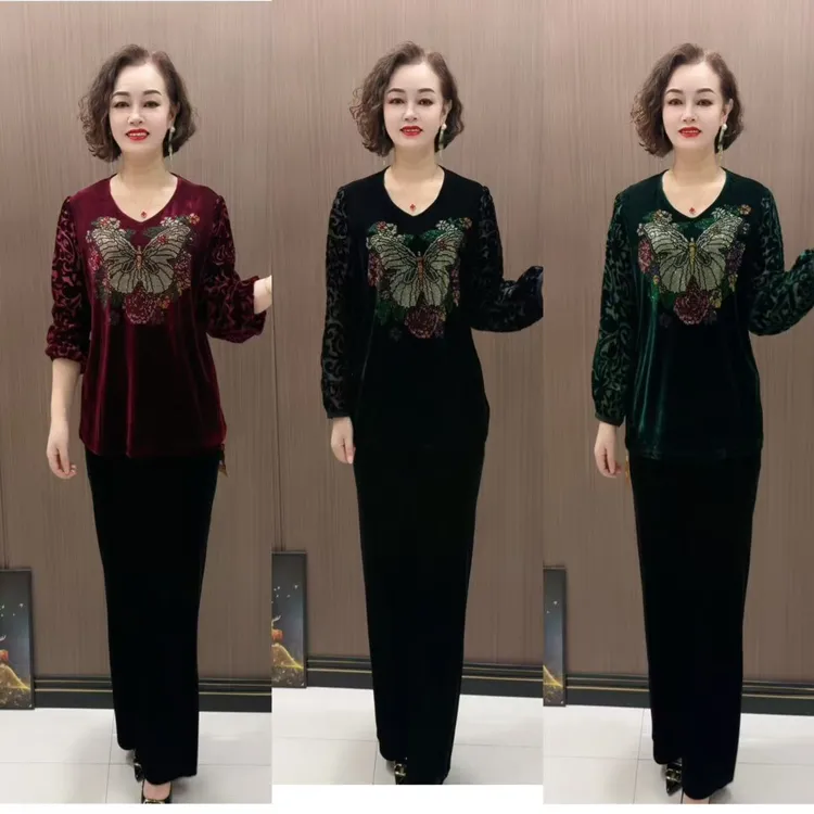 C9898款时尚洋气烫钻蝴蝶宽松秋冬中老年丝绒加绒打底衫