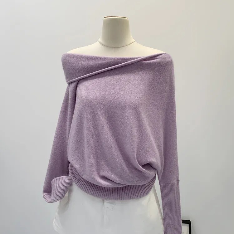 hello现货韩系别致斜肩长袖羊毛针织衫女2025夏新款独特绝美露肩