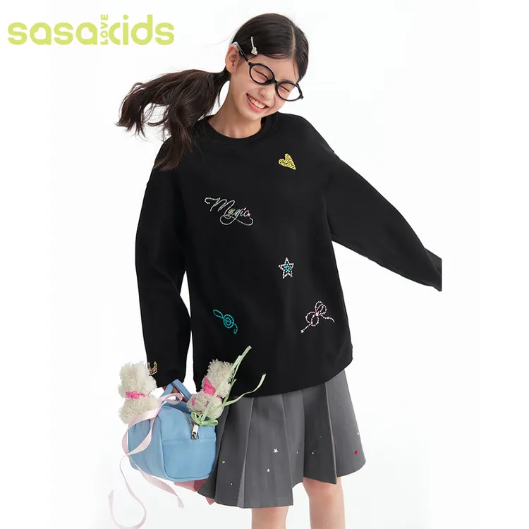 sasakids彩色魔法烫钻蝴蝶结爱心可爱图案宽松圆领棉长袖T恤女童