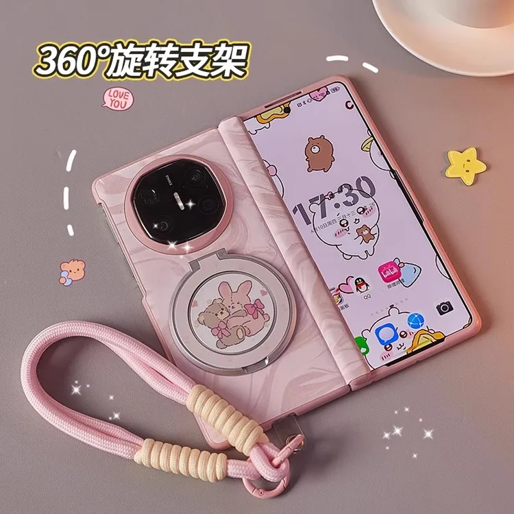 适用华为matex6折叠屏matex5手机壳膜一体可爱小熊旋转支架保护套