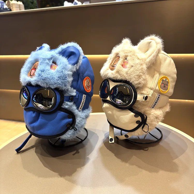 儿童冬季飞行员皮质滑雪保暖雷锋帽子男女童防风护耳口罩加绒帽潮