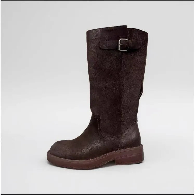 【聚新汇】200-1新款中筒高跟时装通勤靴子真皮时尚经典