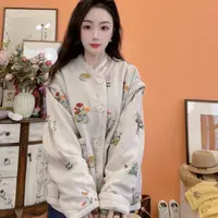 8321【满袖外套】女刺绣开襟立领宽松型短外套开衫长袖提花上衣