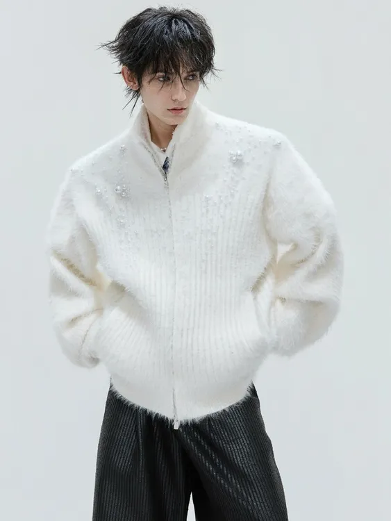 AR CulturE 高领毛绒珍珠点缀开衫毛衣男 仿貂毛加厚针织衫外套