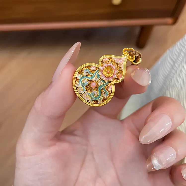 吊坠足银珐琅 「海棠葫芦」足银999.9葫芦编绳描金吊坠镀金吊坠项链