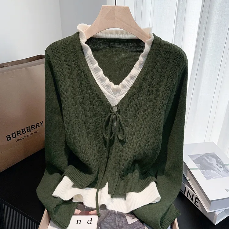 秋季大码女装胖MM韩系时尚v领假两件针织衫气质百搭显瘦长袖上衣