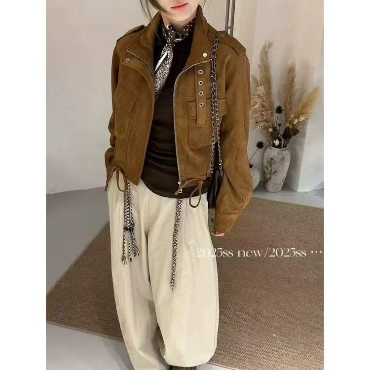 2025欧货精致皮绒短款机车夹克外套休闲复古