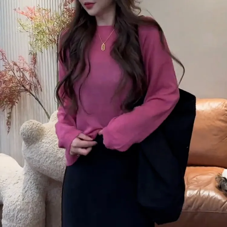 纯欲风玫粉色长袖针织t恤女2025春秋新款宽松显瘦时尚打底衫上衣