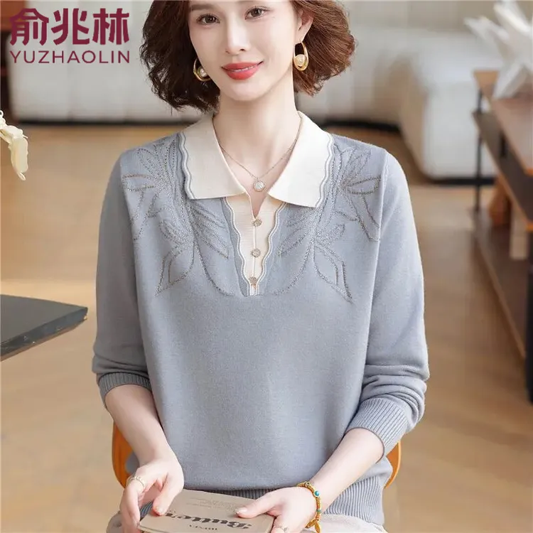 俞兆林2025新款妈妈秋装薄款针织衫中老年洋气翻领春秋打底衫套装