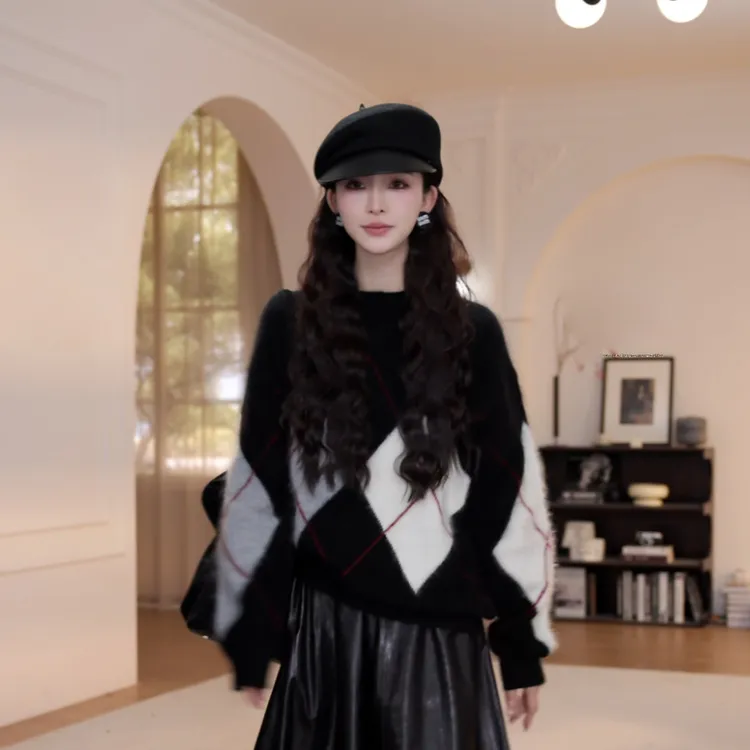 【YANYAN】圆领撞色棱形格毛衣女秋冬休闲长袖针织衫YY-9454