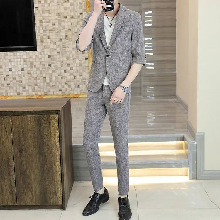 店铺新款短袖西服九分裤两件套西装全套男七分袖西装男夏天男装套