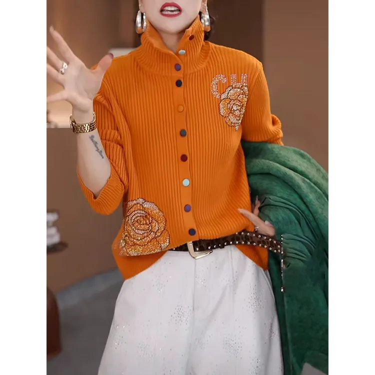 轻熟风时尚精致花朵烫钻高领针织开衫女2025冬季新款洋气减龄打底